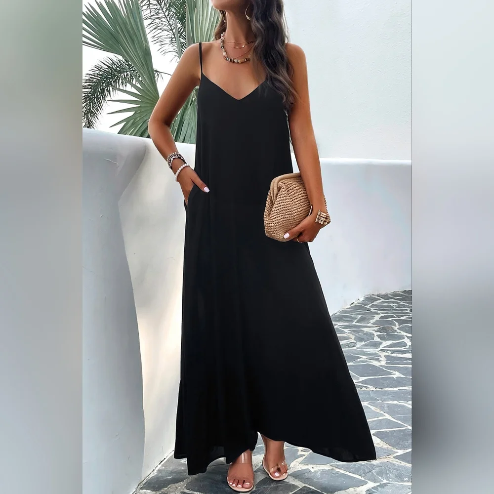 Oversized Pocket Casual Sleeveless V-Neck Low Back Long Summer Maxi Dress - Picture 2 of 16